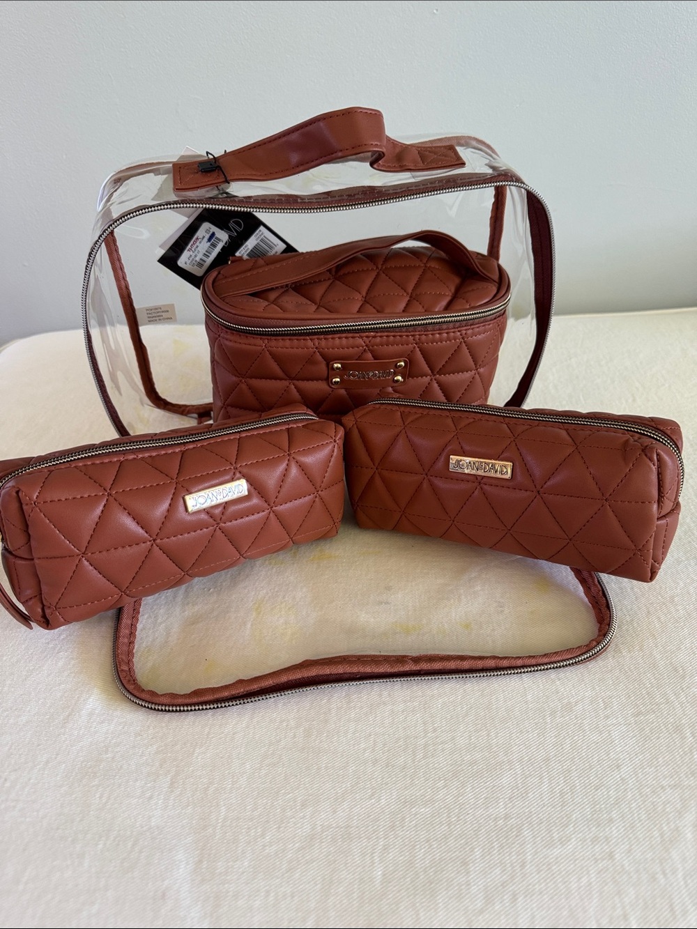 Joan & David Quilted Brown Cosmetic Set with Clear Carry Case